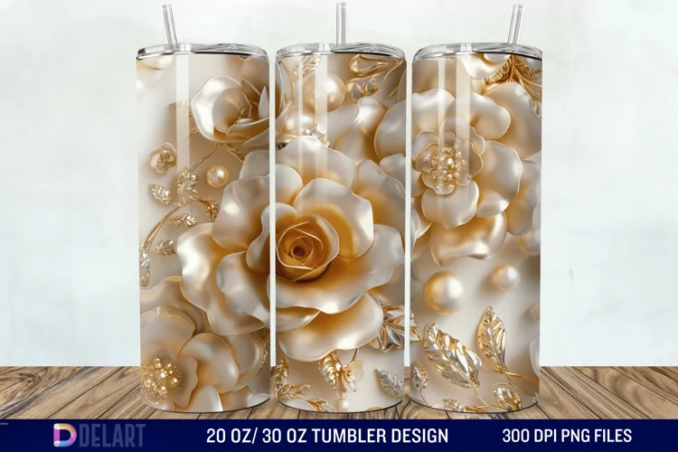 3D Pearl Gold Roses Flowers Tumbler Wrap