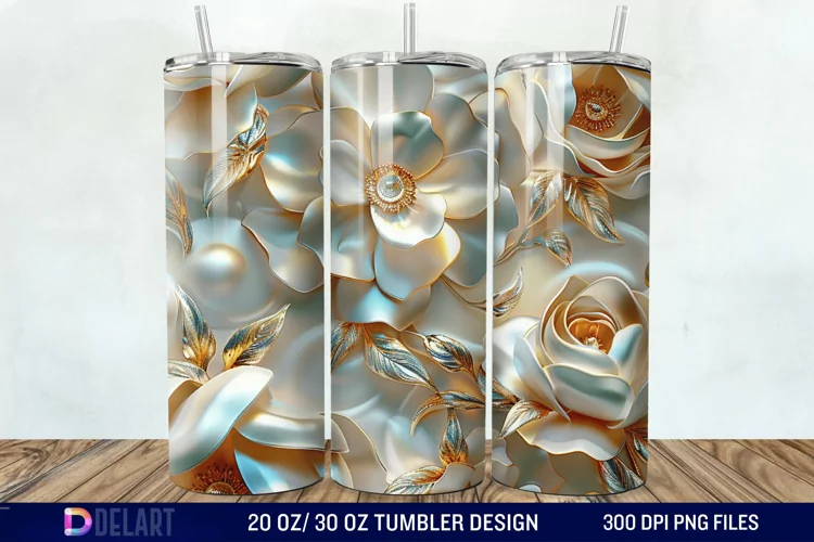 3D Pearl Gold Roses Flowers Tumbler Wrap