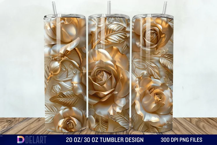 3D Pearl Gold Roses Flowers Tumbler Wrap
