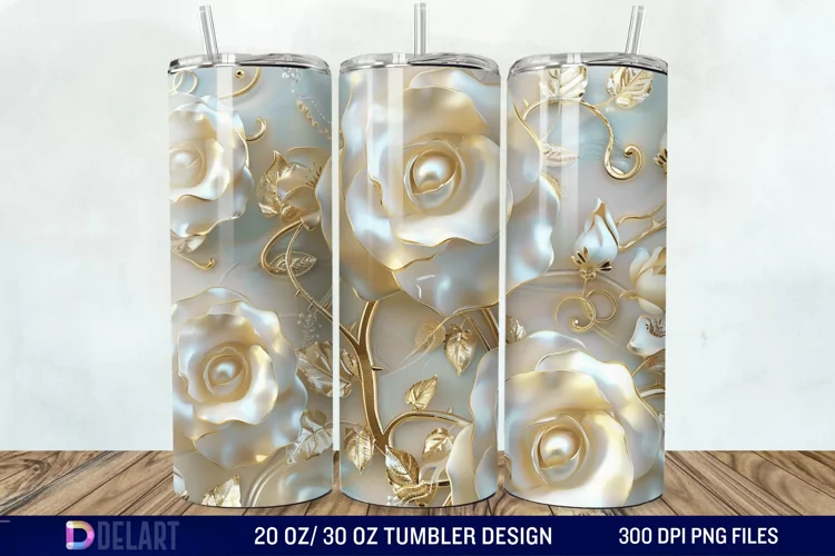 3D Pearl Gold Roses Flowers Tumbler Wrap