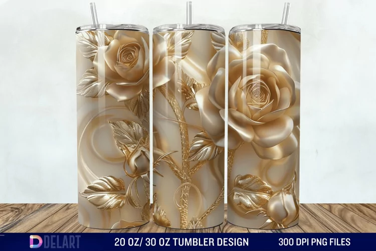 3D Pearl Gold Roses Flowers Tumbler Wrap