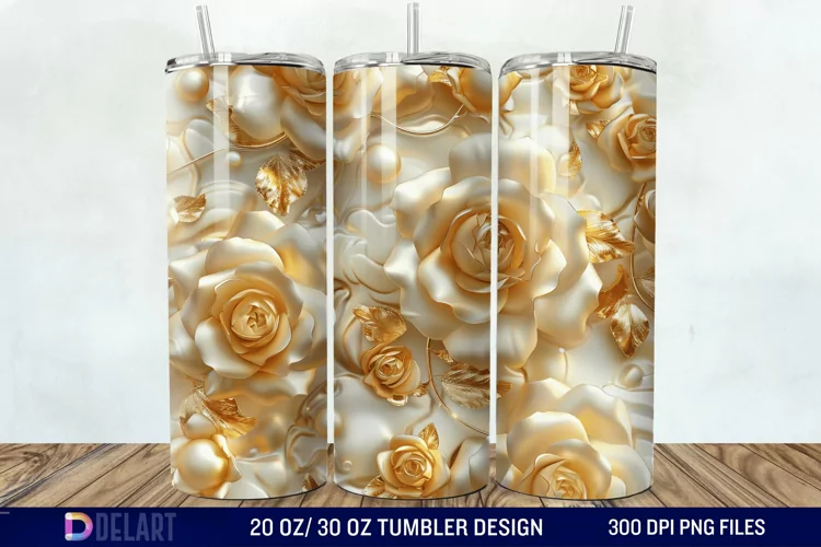 3D Pearl Gold Roses Flowers Tumbler Wrap