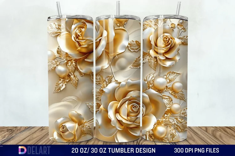 3D Pearl Gold Roses Flowers Tumbler Wrap