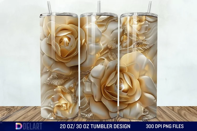 3D Pearl Gold Roses Flowers Tumbler Wrap