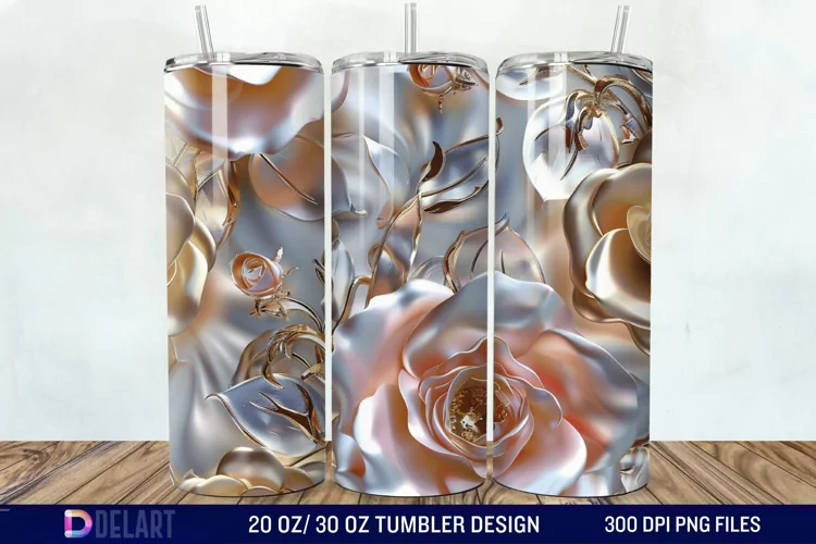 3D Pearl Gold Roses Flowers Tumbler Wrap