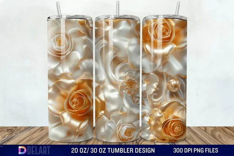 3D Pearl Gold Roses Flowers Tumbler Wrap
