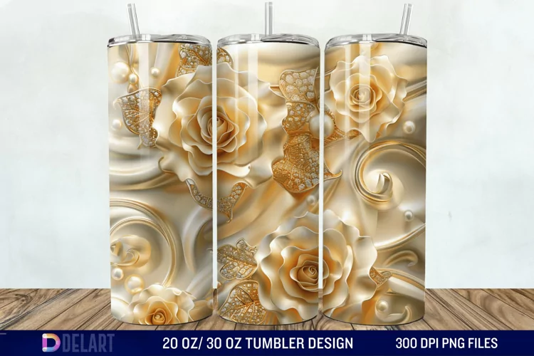 3D Pearl Gold Roses Flowers Tumbler Wrap