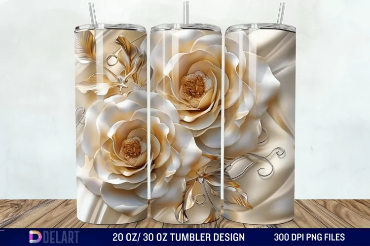 3D Pearl Gold Roses Flowers Tumbler Wrap