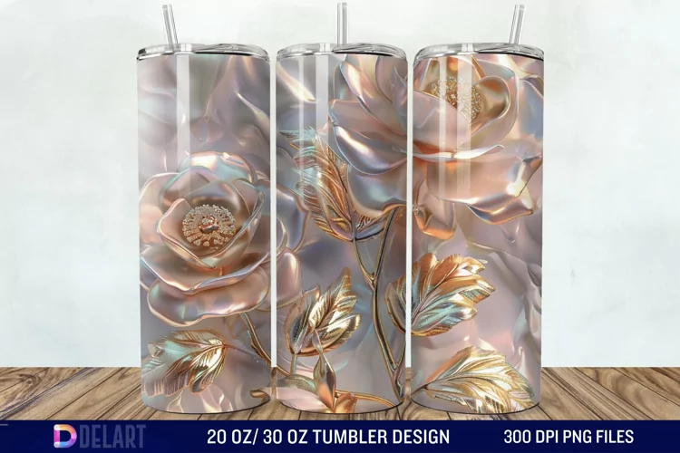 3D Pearl Gold Roses Flowers Tumbler Wrap