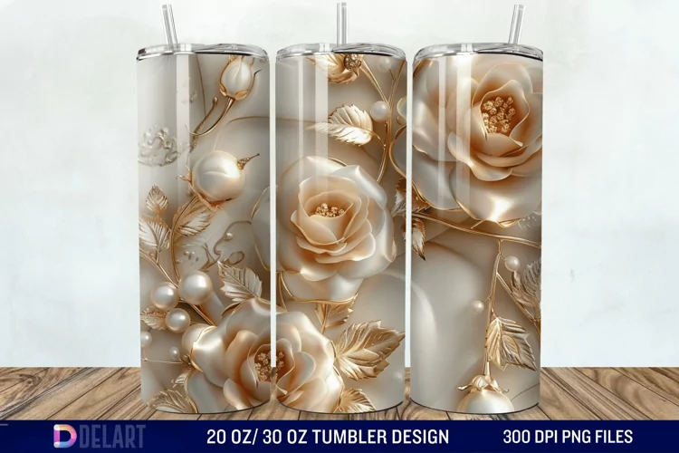3D Pearl Gold Roses Flowers Tumbler Wrap