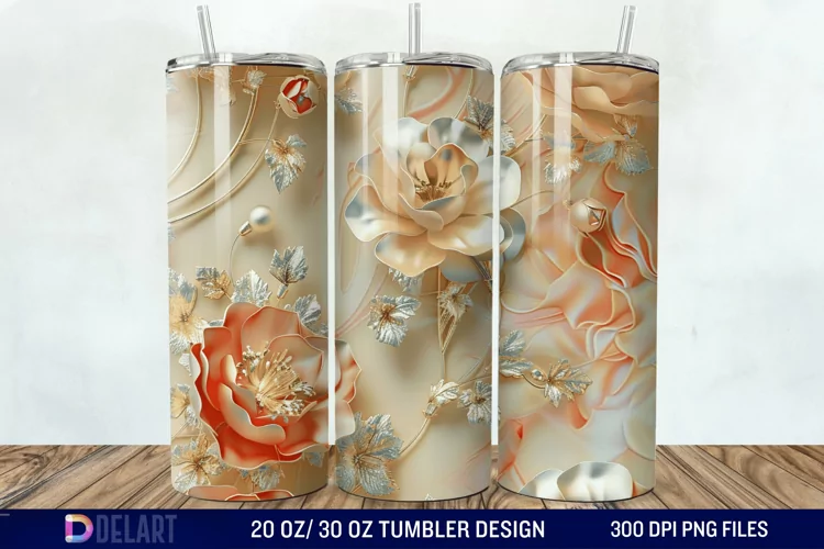 3D Pearl Gold Roses Flowers Tumbler Wrap