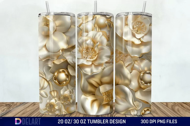 3D Pearl Gold Roses Flowers Tumbler Wrap
