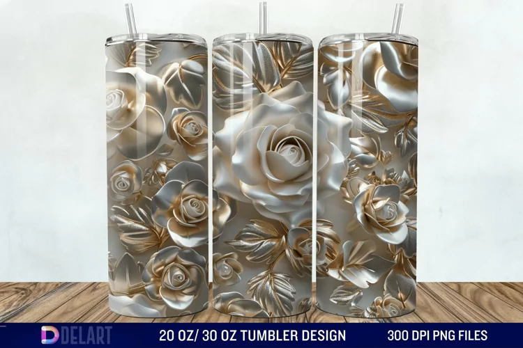 3D Pearl Gold Roses Flowers Tumbler Wrap