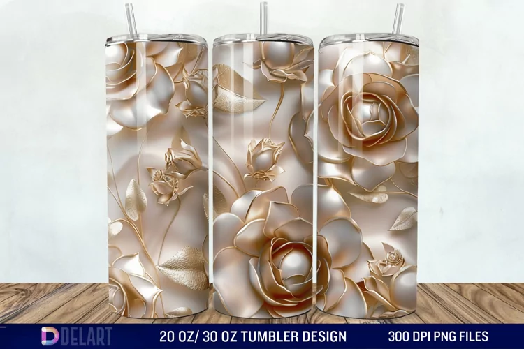 3D Pearl Gold Roses Flowers Tumbler Wrap