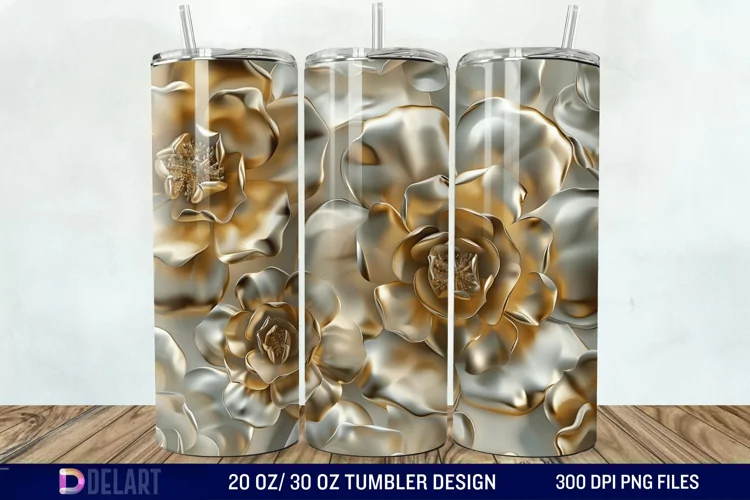 3D Pearl Gold Roses Flowers Tumbler Wrap