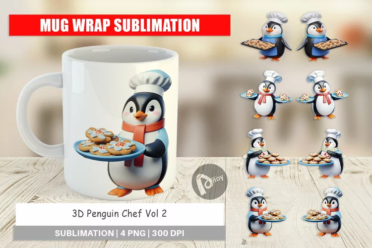Mug Wrap Design 3D Penguin Chef