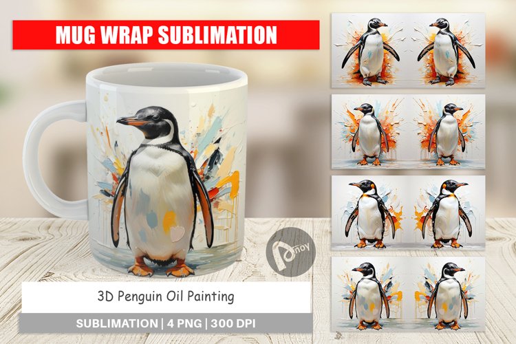Mug Wrap Design 3D Penguin Painting