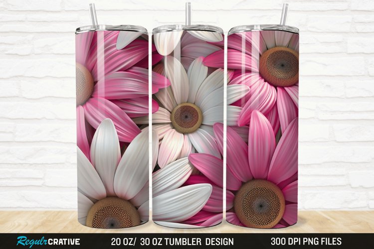 3D Pink And White Sunflowers 20/30oz Skinny Tumbler example image 1