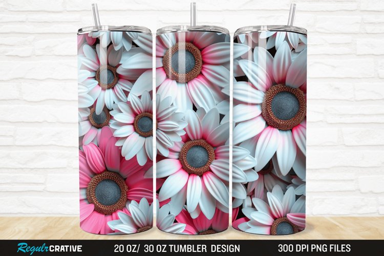3D Pink And White Sunflowers 20/30oz Skinny Tumbler example image 1