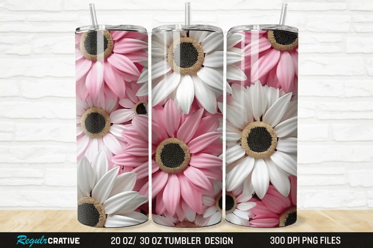 3D Pink And White Sunflowers 20/30oz Skinny Tumbler
