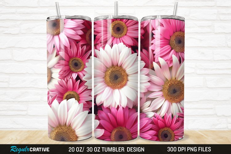 3D Pink And White Sunflowers 20/30oz Skinny Tumbler example image 1