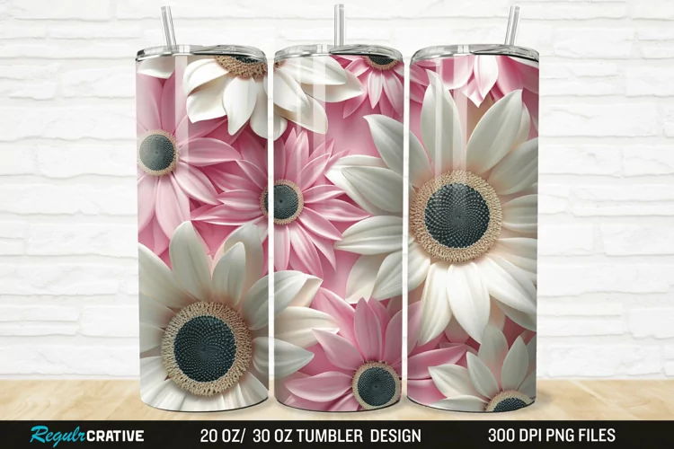 3D Pink And White Sunflowers 20/30oz Skinny Tumbler