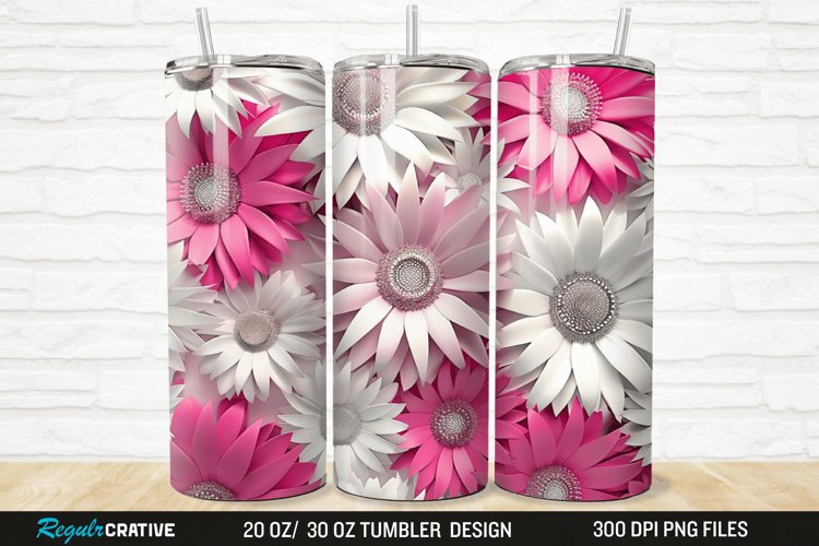 3D Pink And White Sunflowers 20/30oz Skinny Tumbler example image 1
