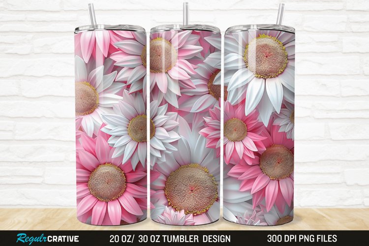 3D Pink And White Sunflowers 20/30oz Skinny Tumbler example image 1