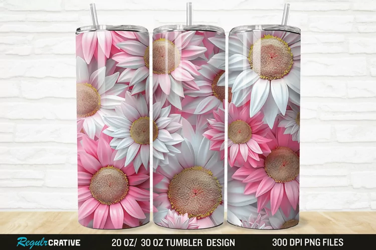 3D Pink And White Sunflowers 20/30oz Skinny Tumbler