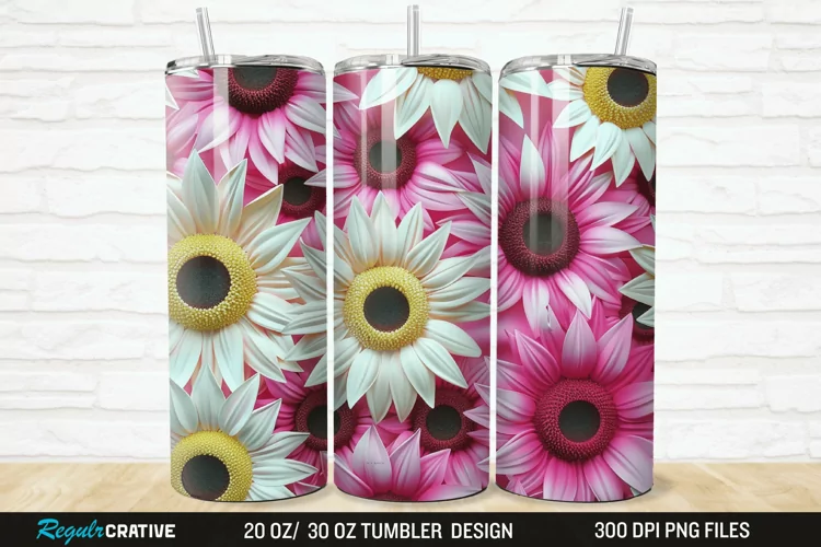 3D Pink And White Sunflowers 20/30oz Skinny Tumbler