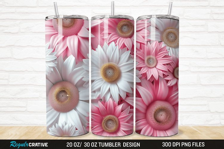 3D Pink And White Sunflowers 20/30oz Skinny Tumbler example image 1