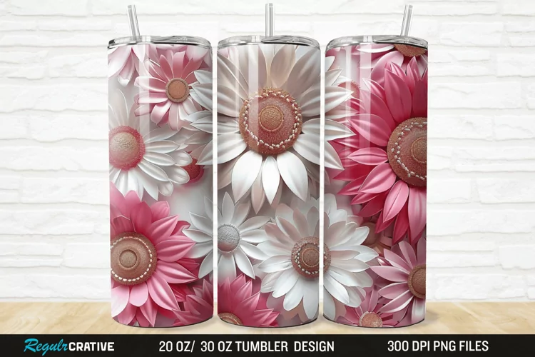 3D Pink And White Sunflowers 20/30oz Skinny Tumbler