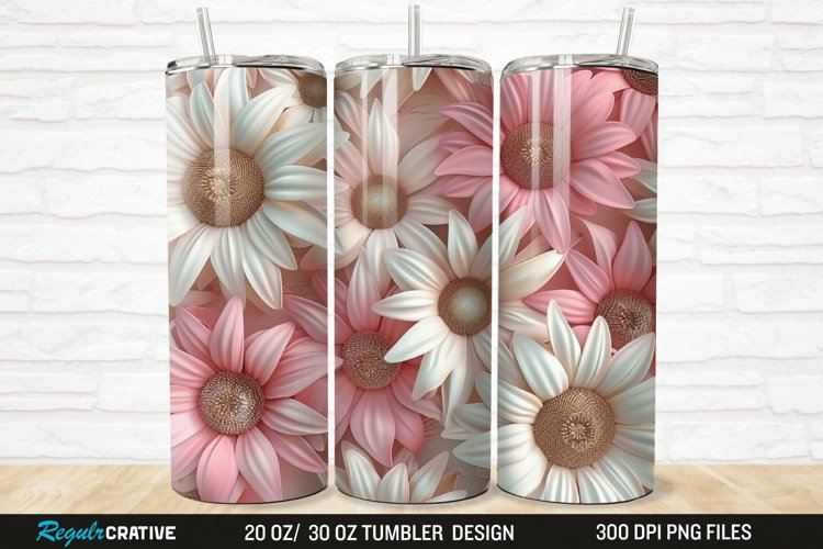3D Pink And White Sunflowers 20/30oz Skinny Tumbler example image 1