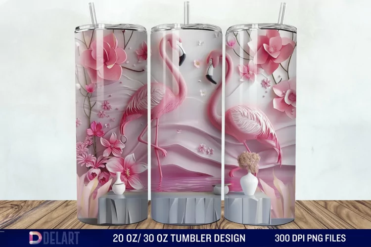 3D Pink Flamingo Flowers Tumbler Wrap