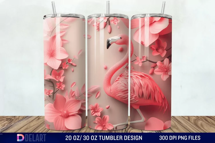 3D Pink Flamingo Flowers Tumbler Wrap