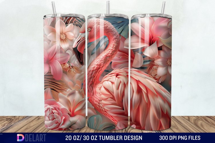 3D Pink Flamingo Flowers Tumbler Wrap example image 1