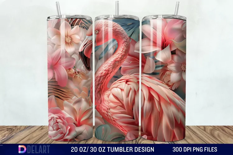 3D Pink Flamingo Flowers Tumbler Wrap