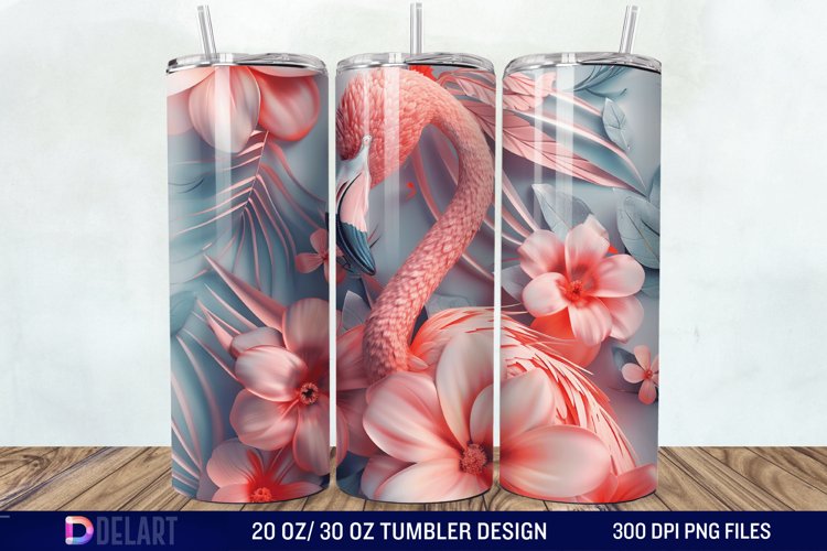 3D Pink Flamingo Flowers Tumbler Wrap example image 1