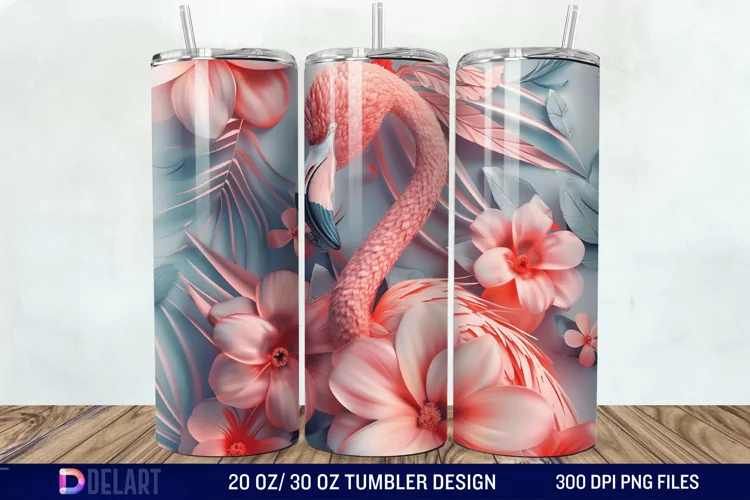 3D Pink Flamingo Flowers Tumbler Wrap