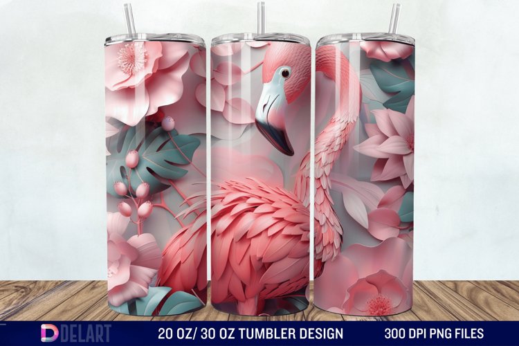 3D Pink Flamingo Flowers Tumbler Wrap example image 1