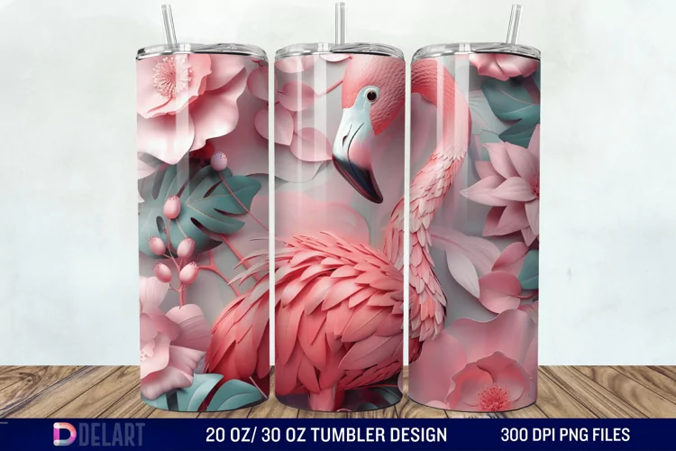 3D Pink Flamingo Flowers Tumbler Wrap