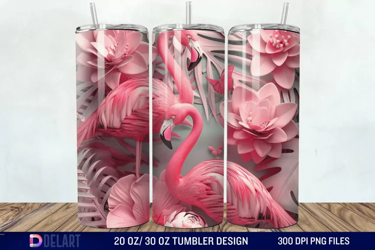 3D Pink Flamingo Flowers Tumbler Wrap