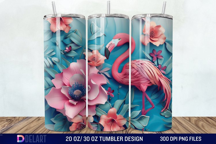 3D Pink Flamingo Flowers Tumbler Wrap
