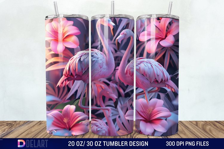 3D Pink Flamingo Flowers Tumbler Wrap example image 1