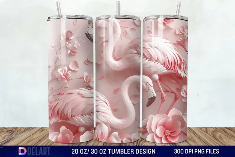 3D Pink Flamingo Flowers Tumbler Wrap