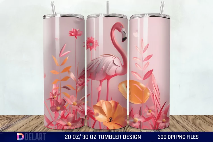 3D Pink Flamingo Flowers Tumbler Wrap