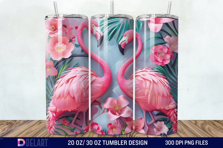 3D Pink Flamingo Flowers Tumbler Wrap