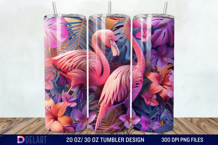3D Pink Flamingo Flowers Tumbler Wrap
