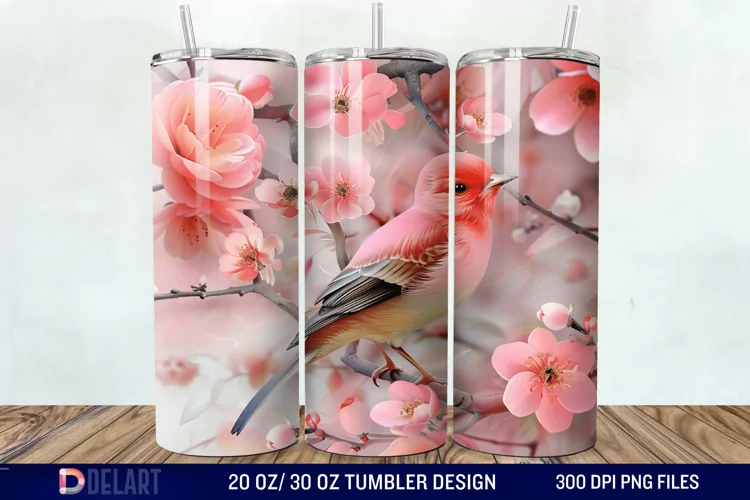 3D Pink Flower Bird Tumbler Wrap