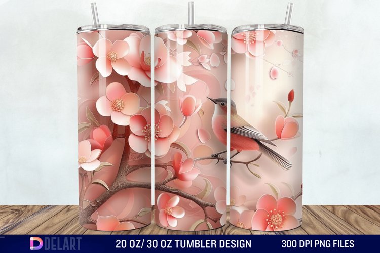 3D Pink Flower Bird Tumbler Wrap example image 1